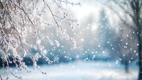 Snowflakes gently falling over frost-bitten trees, with a blurred wintery landscape in the background.