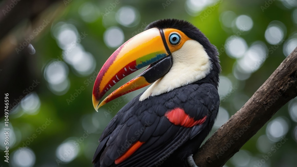 A vibrant toucan perched on a branch amidst lush greenery. A vibrant toucan perched on a branch amidst lush greenery.