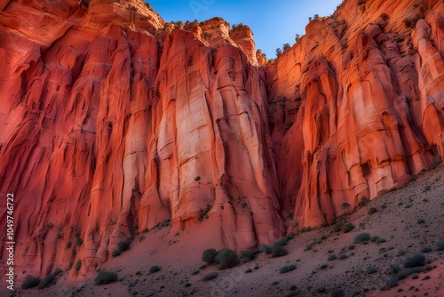 Canyon cliffs dramatic cliffs with vibrant red and orange rock formations under a clear sky, Ai Generated photo