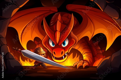 A knight taking a risk by challenging a fierce dragon in a fiery cave, sword drawn and ready for battle photo