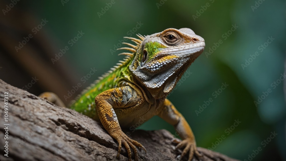 A vibrant green lizard perched on a branch, showcasing its colorful scales and textures. A vibrant green lizard perched on a branch, showcasing its colorful scales and textures.