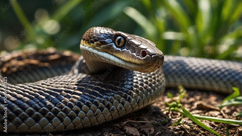 A close-up of a snake resting on the ground amidst green foliage. A close-up of a snake resting on the ground amidst green foliage.