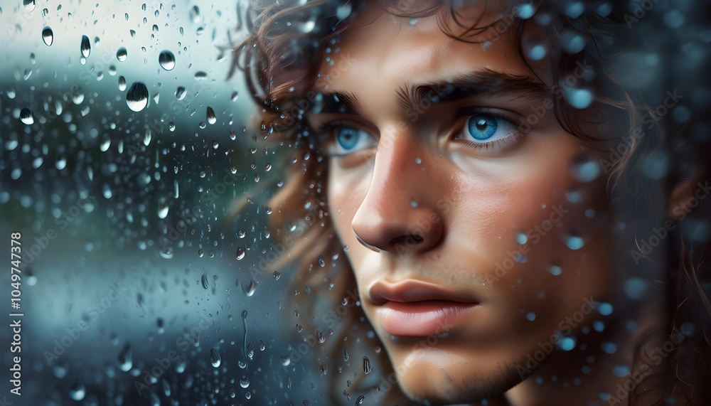 Woman with striking blue eyes gazing through a rain-drenched glass window Woman with striking blue eyes gazing through a rain-drenched glass window