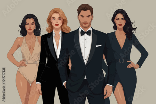 luxury party women with V-neck bodysuits and body-hugging clothing men in very elegant tuxedos
