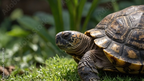 A close-up of a tortoise resting on green grass with blurred foliage in the background.