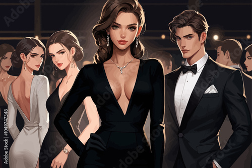 luxury party women with V-neck bodysuits and body-hugging clothing men in very elegant tuxedos