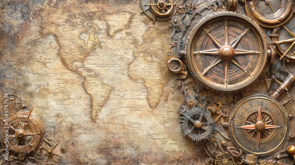 Fototapeta premium Vintage Map and Compass Adventure Exploration Background