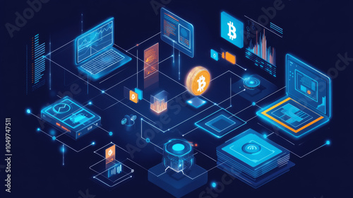 This set of illustrations shows how blockchain technology is used in finance. It includes ideas about transferring cryptocurrency, blockchain security, and decentralized financial apps.