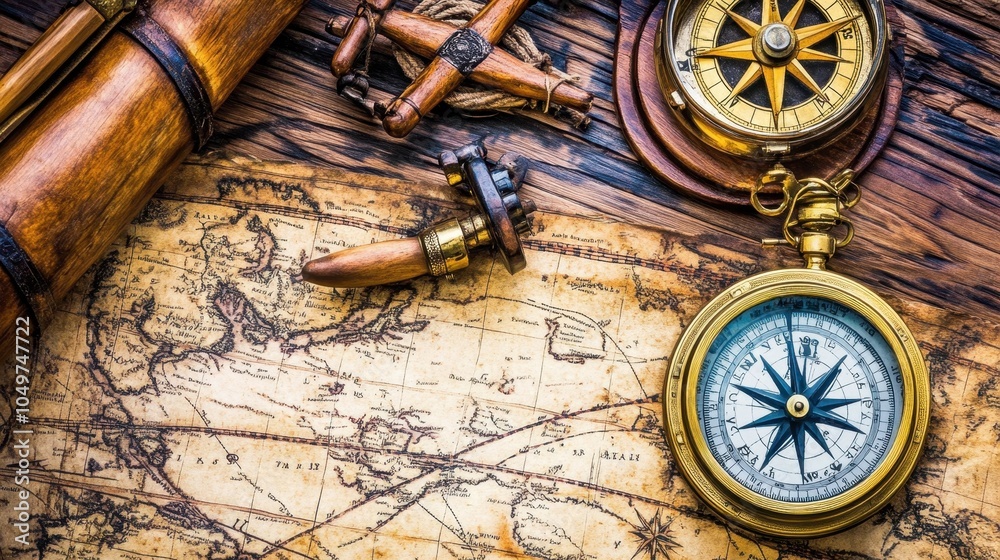 Fototapeta premium Vintage Exploration Tools and Antique Map Backdrop