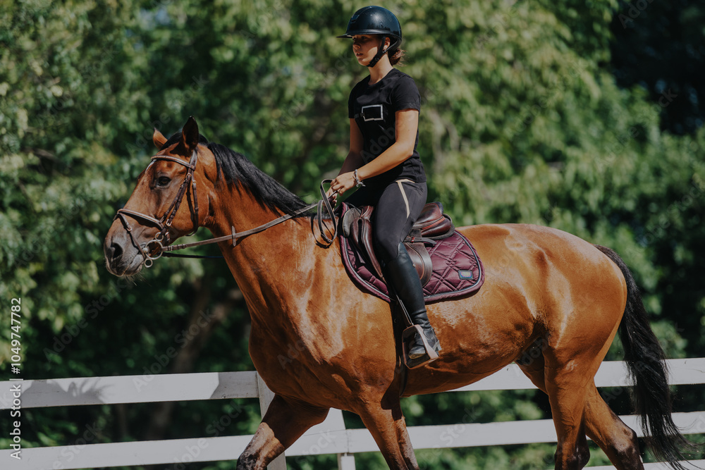 A young female equestrian rides a brown horse in an outdoor arena, showcasing focus and harmony with the animal amidst a lush green backdrop. A young female equestrian rides a brown horse in an outdoor arena, showcasing focus and harmony with the animal amidst a lush green backdrop.