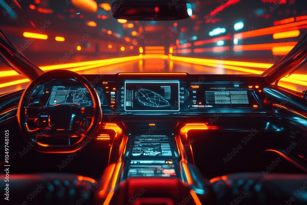 Futuristic car interior with glowing red and blue lights, steering wheel and digital display screens. Futuristic car interior with glowing red and blue lights, steering wheel and digital display screens.