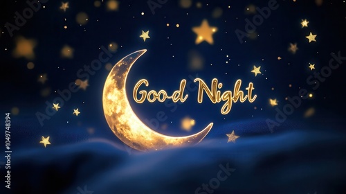 Good night text glowing crescent moon surrounded by twinkling stars in a dreamy night sky with soft clouds