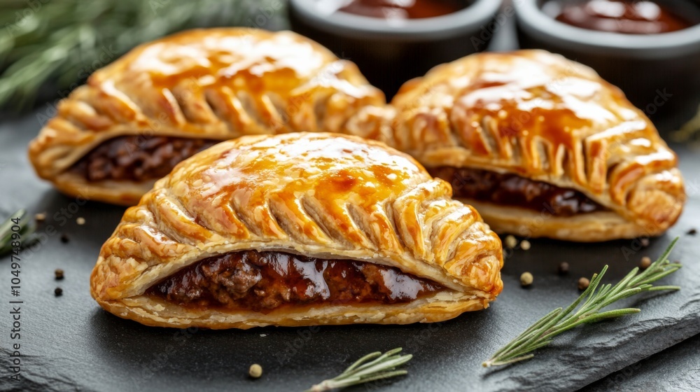 Delicious Meat Pies Artfully Plated on Slate Background Delicious Meat Pies Artfully Plated on Slate Background