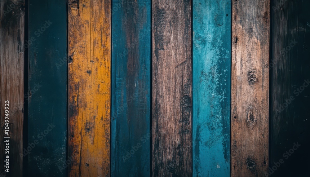Fototapeta premium A textured background featuring a colorful arrangement of weathered wooden planks in various shades, creating a rustic and artistic feel for design projects.