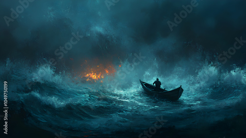 A lone figure rows a small boat through stormy seas towards a distant light.