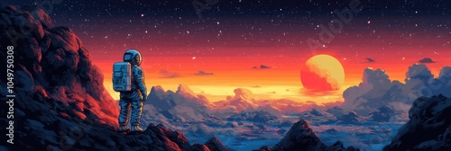 Pixelated Space Odyssey, vibrant cosmos, daring astronauts, interstellar exploration, whimsical pixel art, adventure through the universe