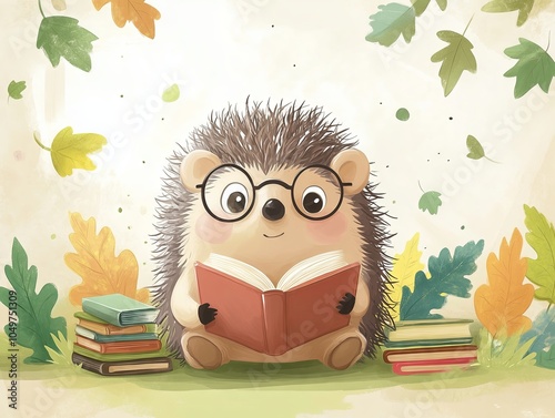 Cute hedgehog reading a book surrounded by autumn leaves photo