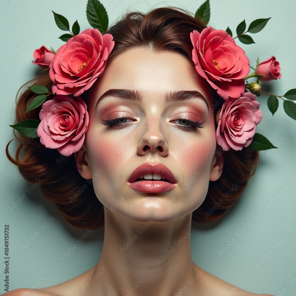 Beautiful gentle face of a young girl with natural makeup, framed by flowers Beautiful gentle face of a young girl with natural makeup, framed by flowers