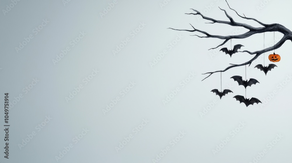 Obraz premium Halloween bats hanging from a branch with a pumpkin, white isolated background.