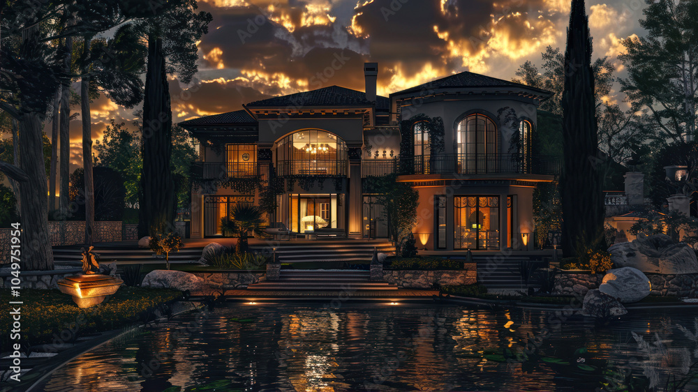 Fototapeta premium A Luxurious Villa Illuminated by Evening Lights, Nestled Beside a Tranquil Pond Under a Dramatic Sunset Sky