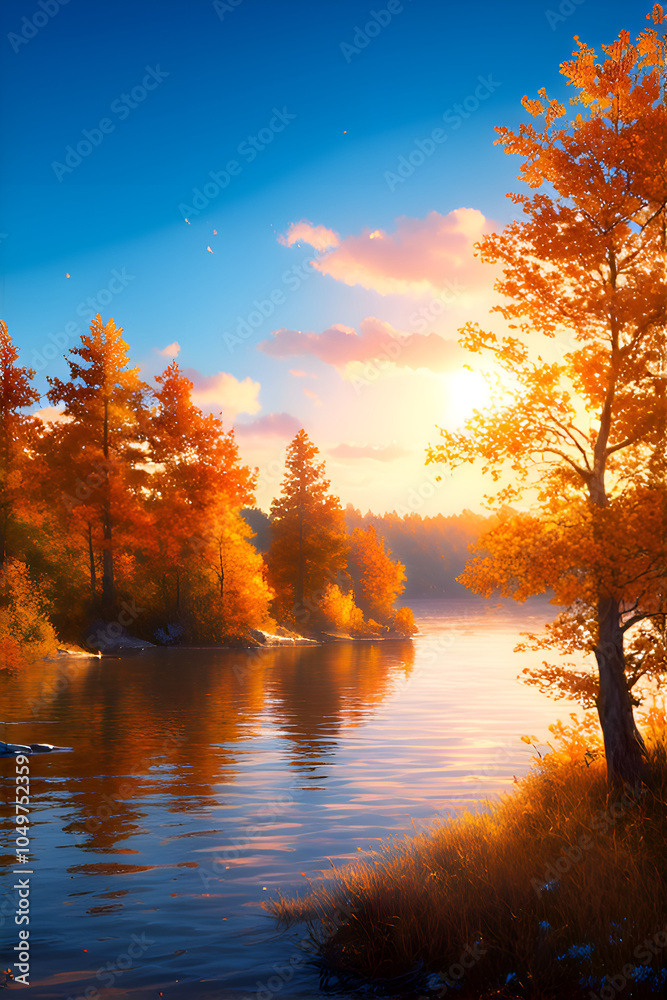 Obraz premium Stunning autumn landscape with vibrant trees reflecting in a serene lake under a colorful sky