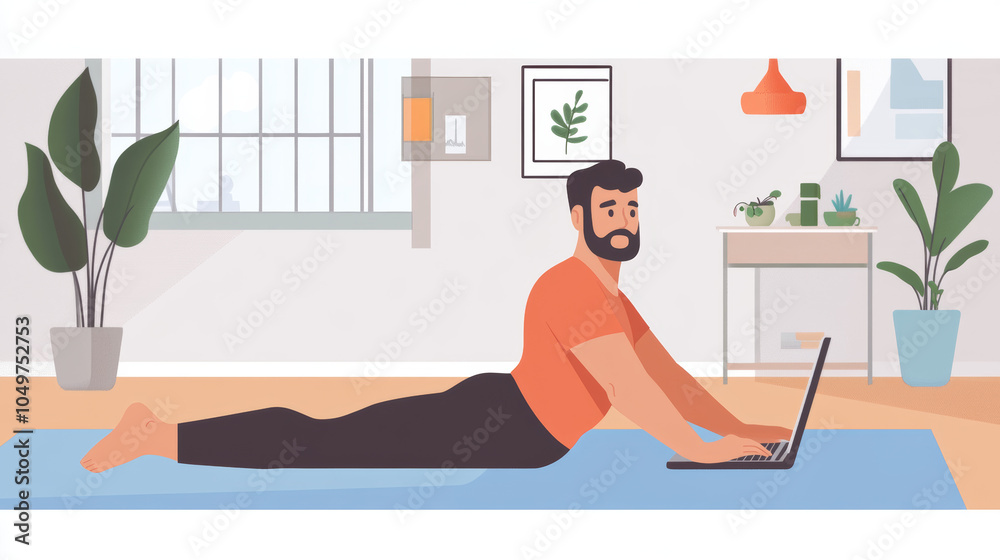 Obraz premium A man uses his laptop to follow a workout routine at home. He's doing a plank exercise, staying fit and healthy during a pandemic.