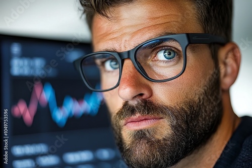 An investor taking a risk on the stock market, staring at fluctuating graphs on a computer screen with anxiety and hope