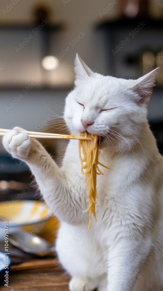 Obraz premium White Cat with Eyes Closed Holding Asian-Style Noodles