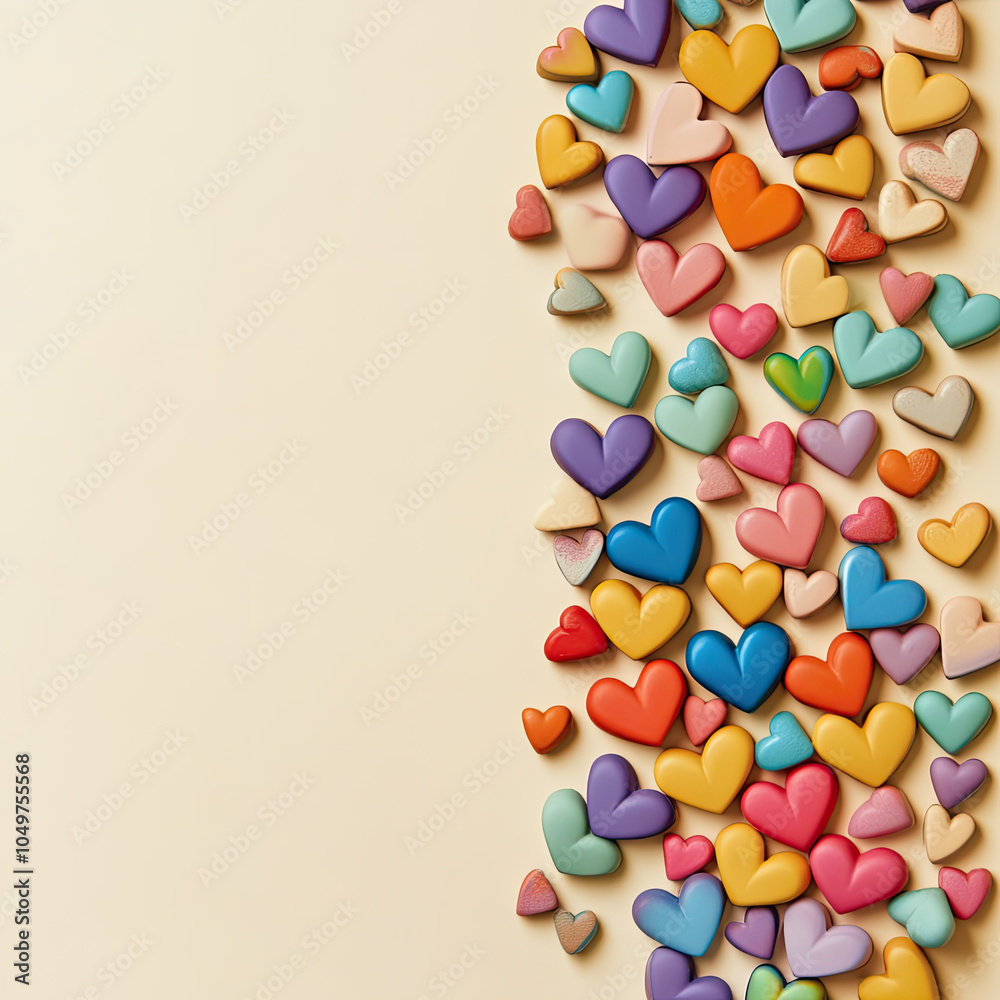 A scattering of 3D rainbow hearts close-up on a beige background with advertising space. Template for a romantic, greeting card, invitation. Illustration for a creative print. A scattering of 3D rainbow hearts close-up on a beige background with advertising space. Template for a romantic, greeting card, invitation. Illustration for a creative print.
