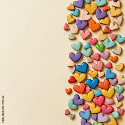 A scattering of 3D rainbow hearts close-up on a beige background with advertising space. Template for a romantic, greeting card, invitation. Illustration for a creative print.