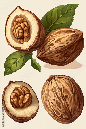 A stylized illustration of a walnut with its shell open, revealing the nut inside, and it is accompanied by a green leaf photo