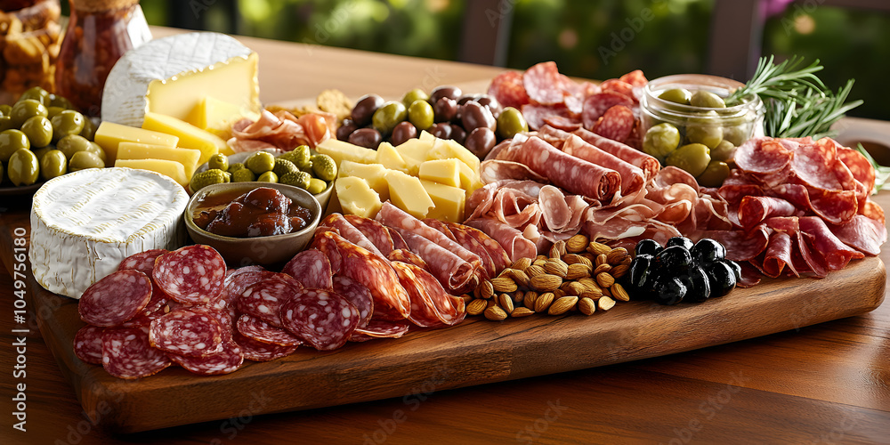 A platter filled with cured meats, cheese, olives, and nuts, perfect for entertaining. A platter filled with cured meats, cheese, olives, and nuts, perfect for entertaining.