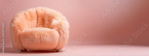 A peach fuzz plush chair isolated on a blue peach fuzz background.; light living room interior, Copy spaceA peach fuzz plush chair isolated on a blue peach fuzz background.; light living room interior photo