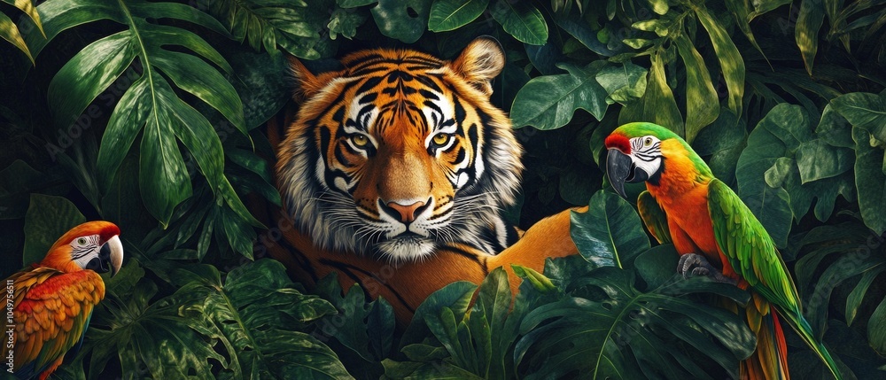 Obraz premium A tiger is in the middle of a jungle with two parrots on either side