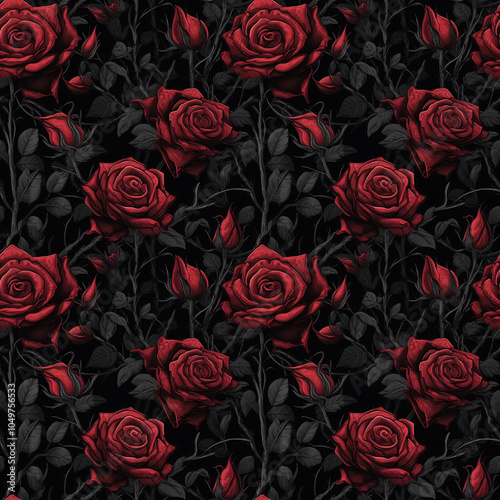 Fényképezés Dark rose seamless pattern with gothic style flowers
