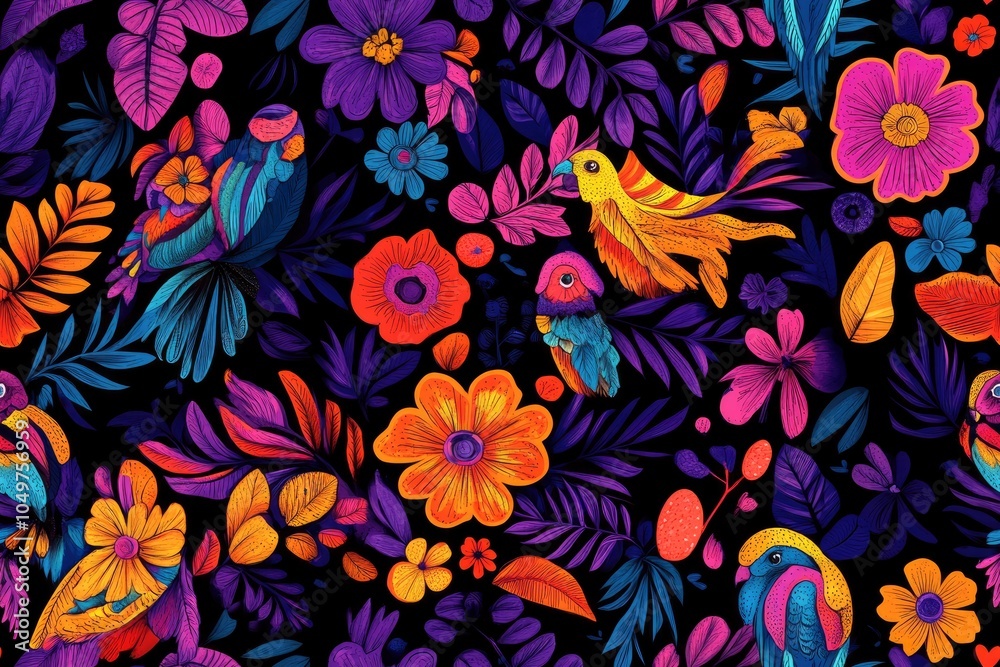 Fototapeta premium Vibrant tropical seamless pattern with colorful birds and flowers on black background.