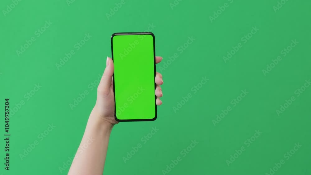 Young woman hand show smartphone with green screen on green background