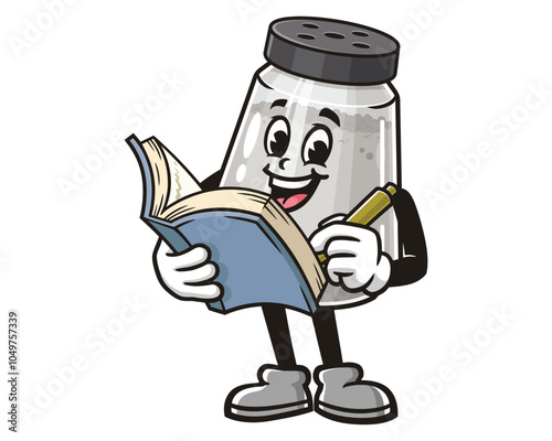 Salt Spice Pepper Seasoning Powder Shaker with book, Cartoon Mascot Illustration Character Vector Clip-art Hand-drawn Logo Design