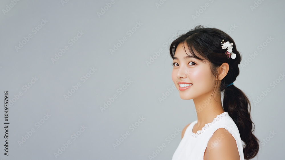 Chinese woman smiling wearing traditional cloth isolated on gray Chinese woman smiling wearing traditional cloth isolated on gray