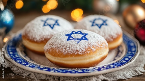 Close-up of a Hanukkah donut, covered in powdered sugar, on a plate decorated with blue and white, with space for a greeting.