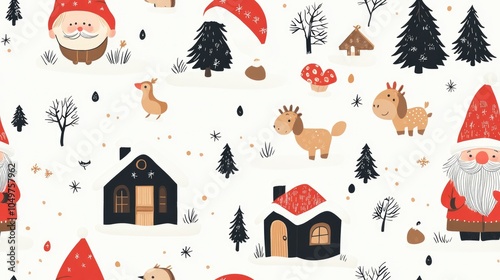 Cute Christmas gnomes, reindeer, and houses in a snowy winter scene.