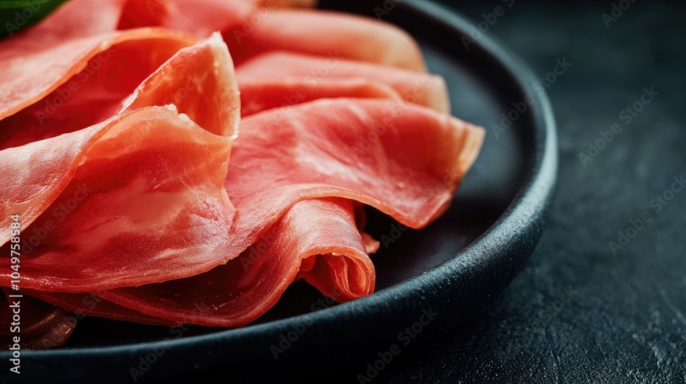 Close-up of delicate prosciutto slices on a black plate, offering a sophisticated layout with room for text or branding. Close-up of delicate prosciutto slices on a black plate, offering a sophisticated layout with room for text or branding.