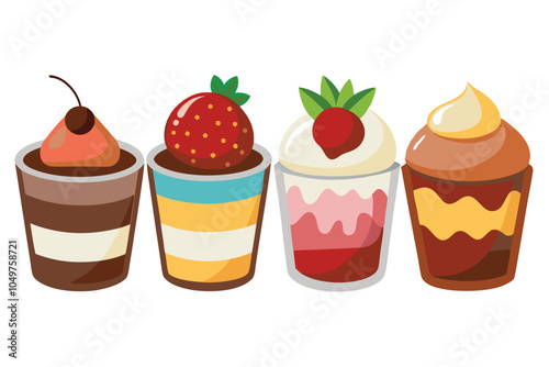 Different types of Pudding Icon Set. Chocolate, Vanilla, Strawberry, and Caramel Custard Desserts with Cream.