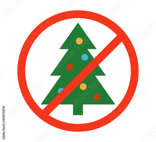 Christmas tree and prohibited circle sign. Christmas celebrating forbidden icon. Xmas ban symbol. Vector illustration isolated on white background.