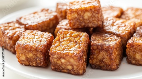 Close-up of golden fried tempeh on a plain white plate, offering ample negative space for food-related text or design elements.