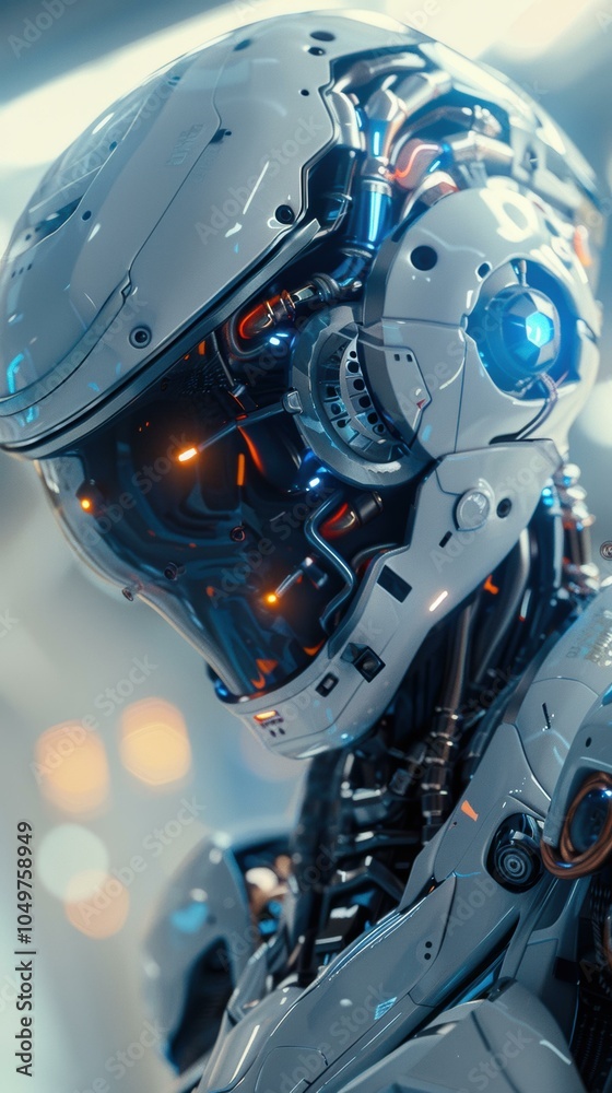 Fototapeta premium A detailed close-up of a robotic head. AI.