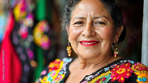 An elderly woman with kind eyes smiles brightly as she stands in a vibrant market, her traditional clothing reflecting the colorful surroundings