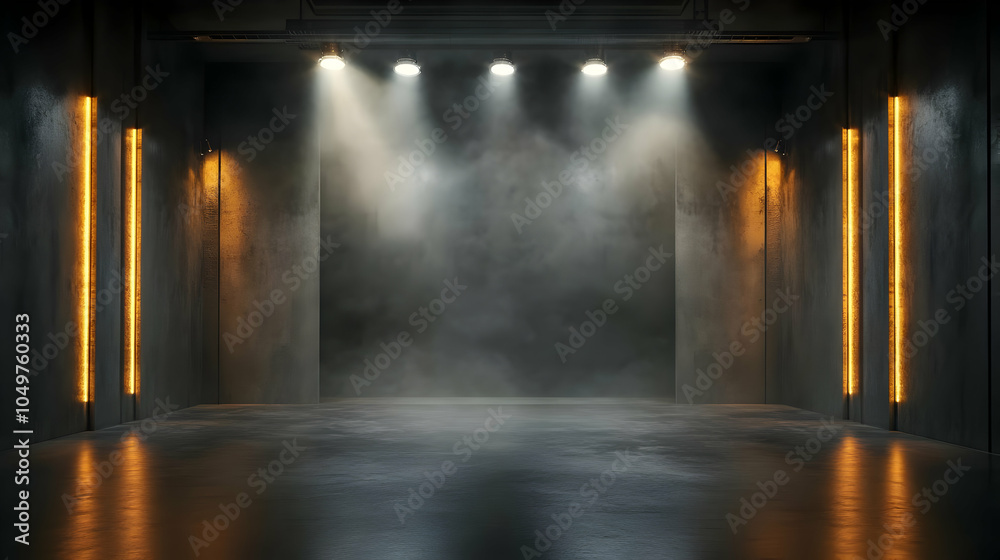 Industrial Concrete Room with Spotlights and Smoke - 3D Illustration