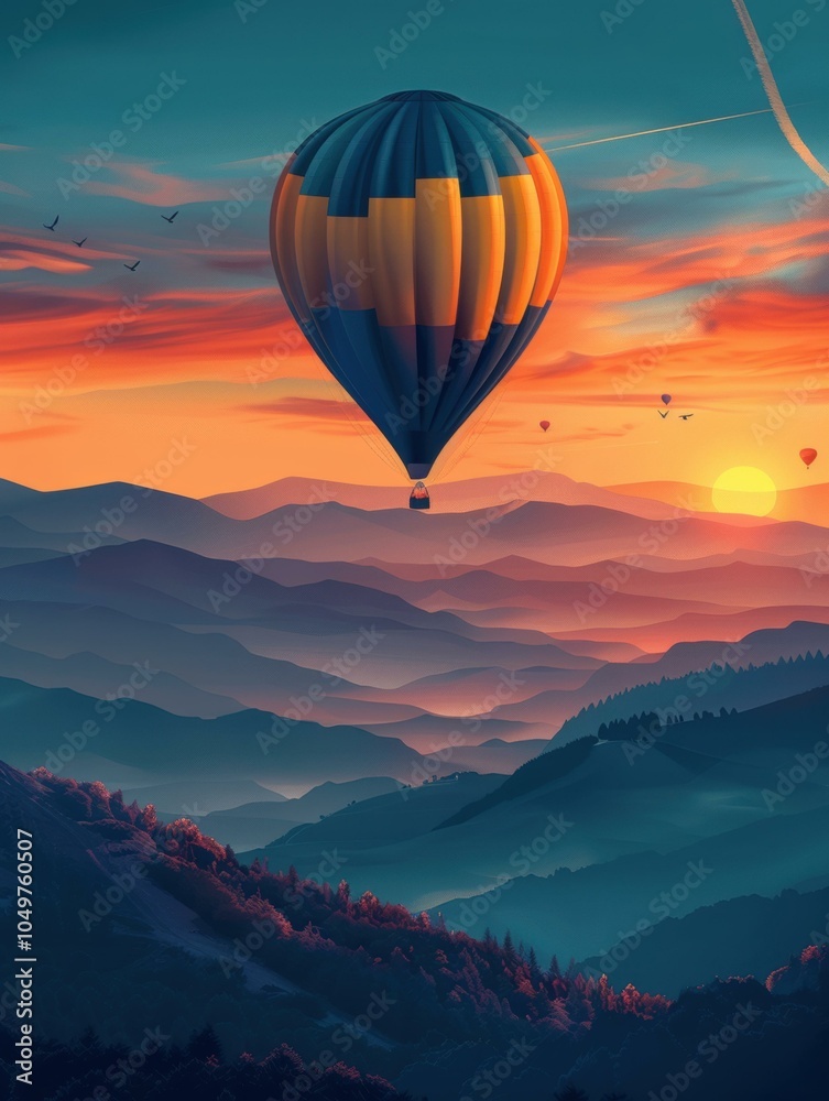 Fototapeta premium Hot air balloon flying over a mountain range at sunset. AI.