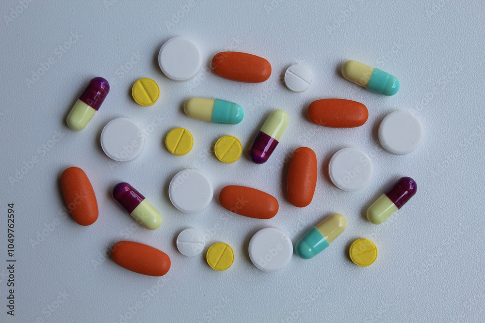 Mixed medicines on white background, flat lay or top view Mixed medicines on white background, flat lay or top view